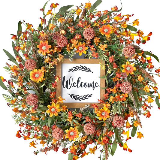 Artificial Fall Wreath 22" Autumn Front Door Wreath with Welcome Sign, Harvest Wreath with Orange Daisy Ear of Wheat Mixed Flowers and Leaves for Indoor Wall Window Festival Autumn Decor(Orange)